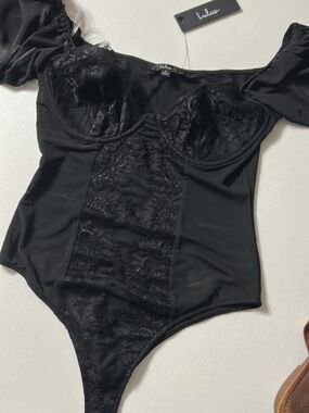 Lulu's Black Lace-Panel Off-Shoulder Bodysuit with Underwire